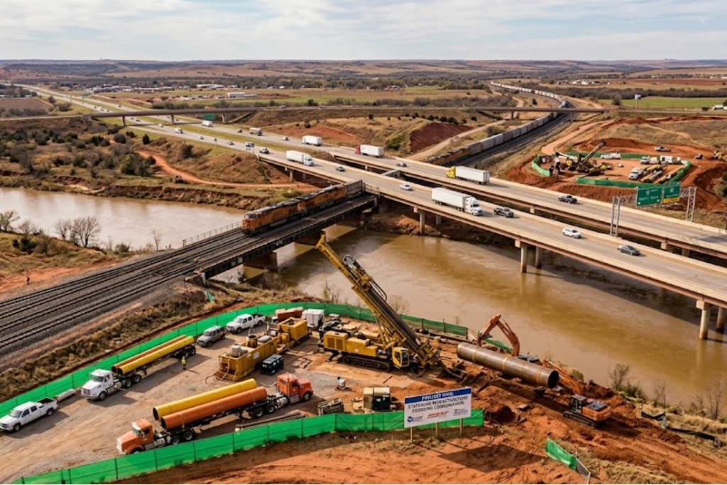 Large-scale Oklahoma highway and railroad HDD crossing operation with directional boring equipment and crew