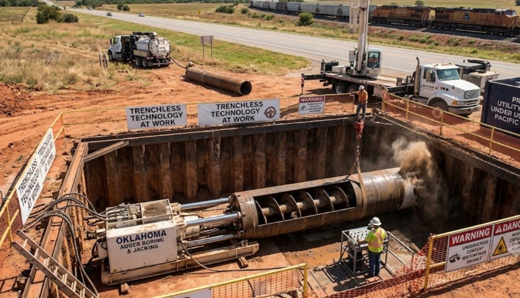 Auger Boring / Jack & Bore in Midwest City, OK — Horizontal auger boring machine installing steel casing in sheet pile shored pit beneath Oklahoma highway — Directional Boring Oklahoma