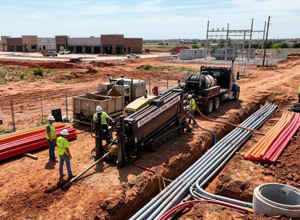 Electric Conduit & Power Line Boring in Midwest City, OK — Horizontal directional drilling installing high voltage electric conduit underground at Oklahoma power line project — Directional Boring Oklahoma