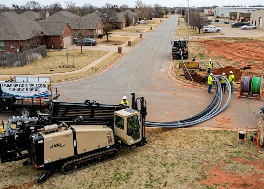 Fiber Optic & Telecom Conduit Boring in Midwest City, OK — Horizontal directional drilling crew installing underground fiber optic conduit along Oklahoma commercial corridor — Directional Boring Oklahoma