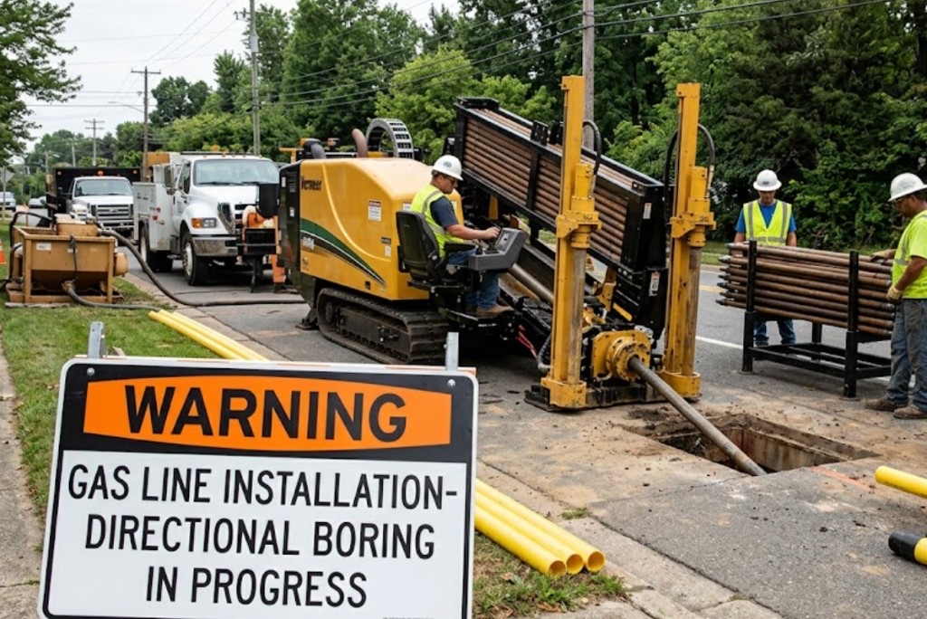 Gas Line Directional Boring in Midwest City, OK — Directional boring gas line installation in progress on residential street with Vermeer HDD equipment Oklahoma — Directional Boring Oklahoma