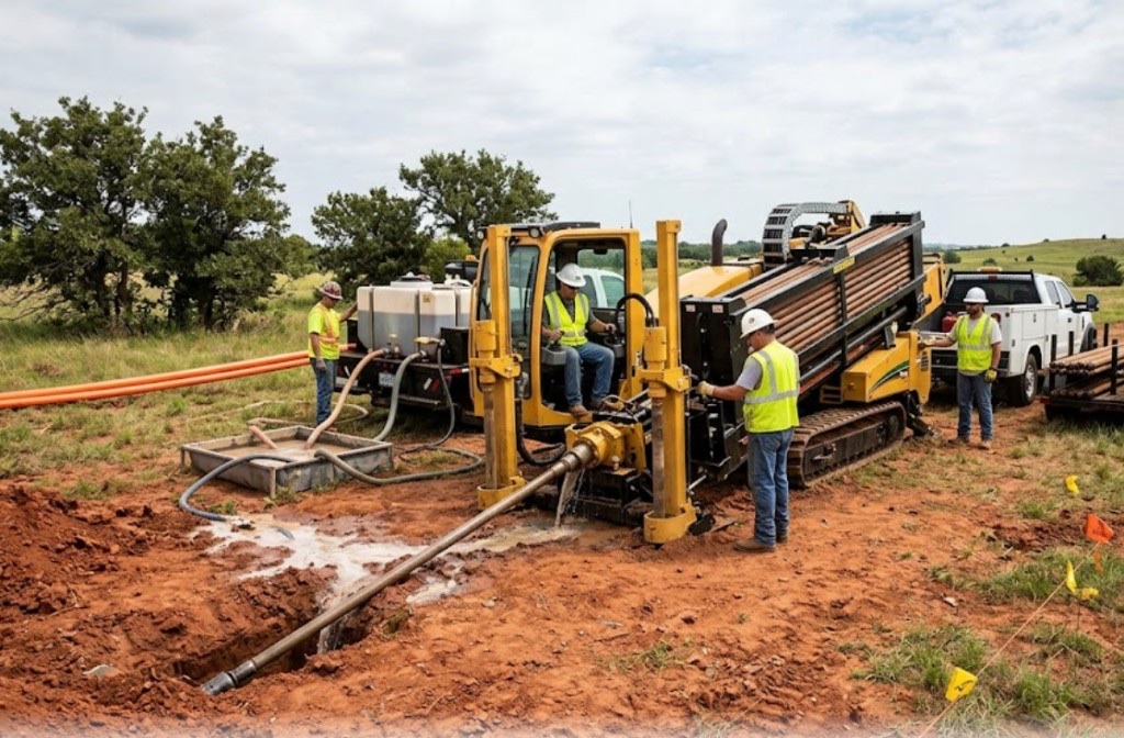 Horizontal Directional Drilling (HDD) in Midwest City, OK — Ditch Witch horizontal directional drill rig and mud pump truck on active HDD utility construction site in Oklahoma — Directional Boring Oklahoma