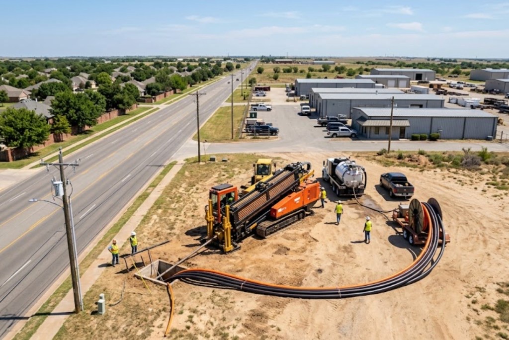 Directional drilling in Midwest City, OK — aerial view of directional drilling job site with rig, trucks, and highway crossing utility work