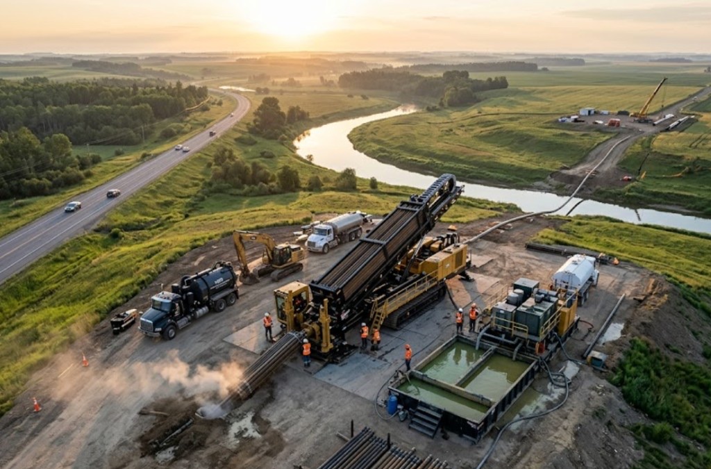 Directional drilling in Midwest City, OK — directional drilling rig with mud mixing system and crew on active Oklahoma bore site