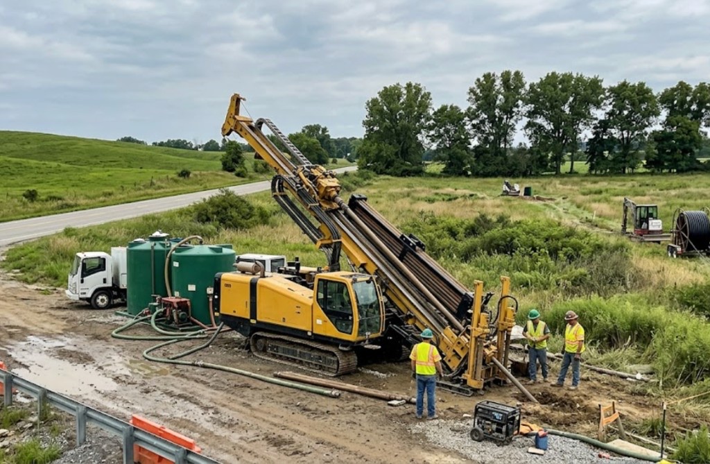 Directional drilling in Ponca City, OK — orange directional drilling rig with conduit spool and crew on rural Oklahoma bore site