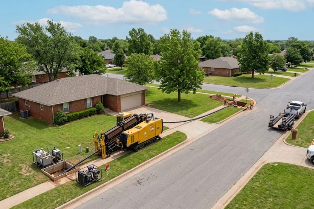 Directional drilling in Muskogee, OK — Vermeer directional drill rig installing utilities in a Oklahoma residential neighborhood with minimal surface disruption