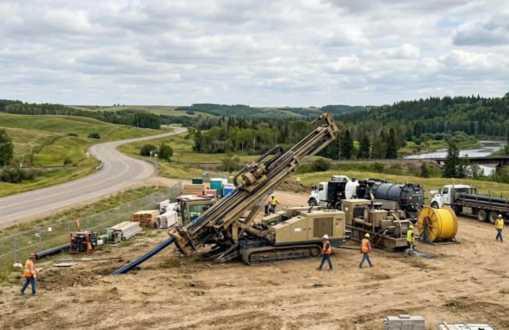 Directional drilling in Bartlesville, OK — yellow HDD rig and crew performing directional drilling on a rural Oklahoma utility job site