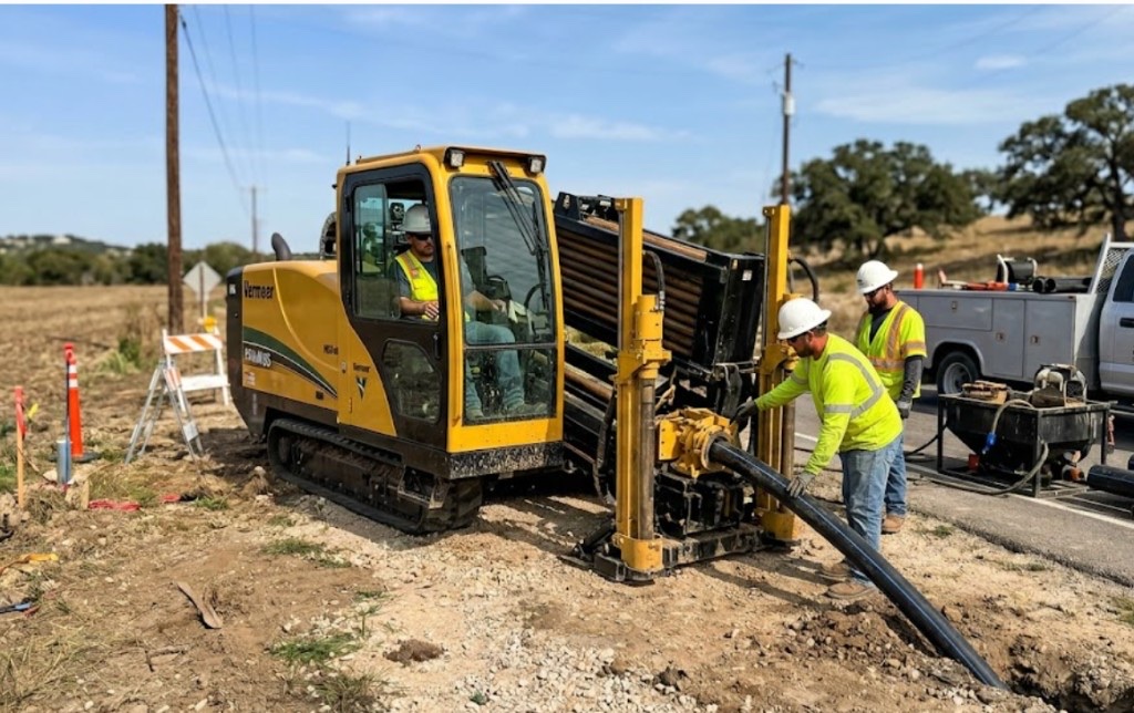 Directional drilling in Midwest City, OK — Vermeer directional drill rig and crew installing utilities near a Oklahoma highway corridor