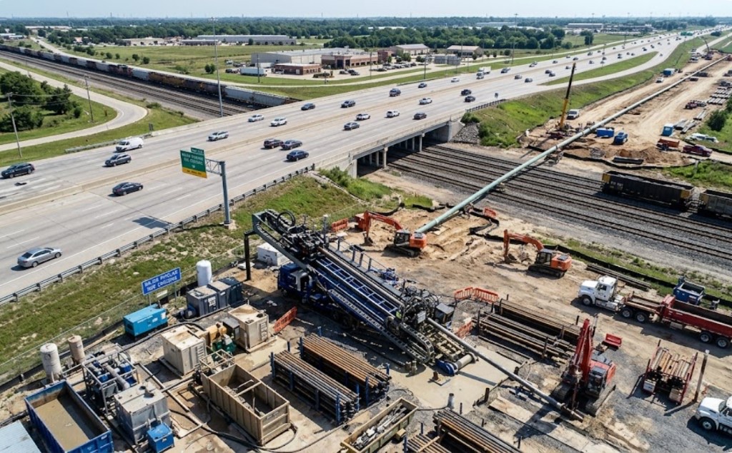 River, Highway & Railroad Crossings in Midwest City, OK — Oklahoma long span HDD crossing specialists boring under highway bridge and railroad with aerial view of rig and crew — Directional Boring Oklahoma