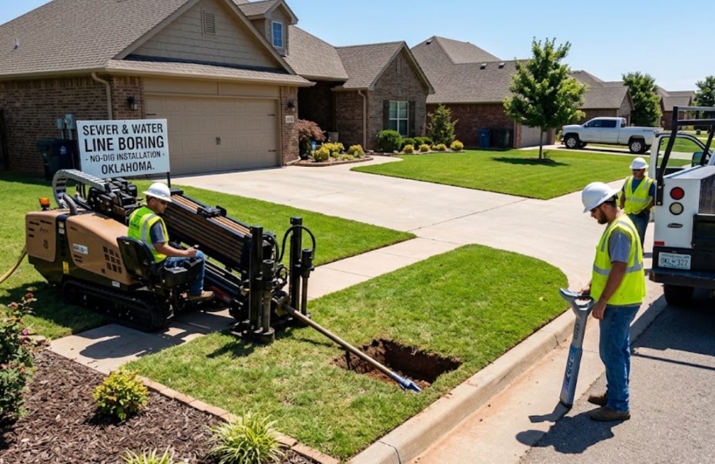 Sewer & Water Line Boring in Midwest City, OK — HDD rig performing trenchless sewer and water line installation in urban Oklahoma neighborhood — Directional Boring Oklahoma
